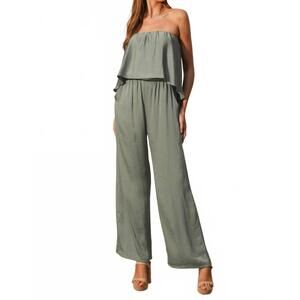 NEW KLD. SIGNATURE satin cascade strapless jumpsuit in green
